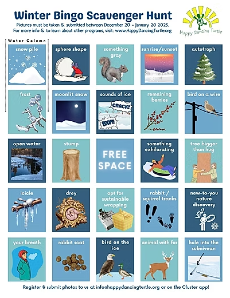 An array of winter items to find on a bingo card.