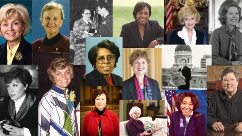 Paddock's 15 Indiana Trailblazers, top row: Becky Skillman, Virginia Blankenbaker, Margaret Prickett, Pamela Carter, Suellen Reed, Marvella Bayh; middle row: Jill Long Thompson, Jill Ruckleshaus, Susan Brooks, Earline Rogers, Virginia McCarty; bottom row: