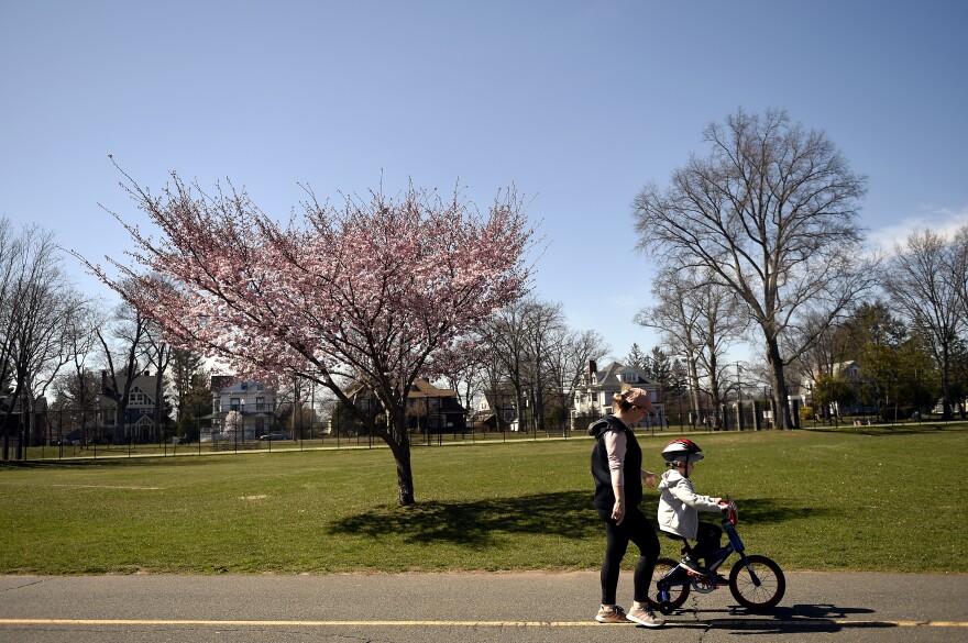 NEW BRITAIN, CT - April 06, Exercise and social distancing at Walnut Hill Park on April 06, 2020 in New Britain, Connecticut. (Joe Amon/Connecticut Public/NENC)