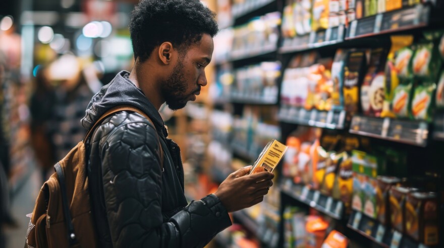 This stock photo shows a man shopping for food in a grocery store.
