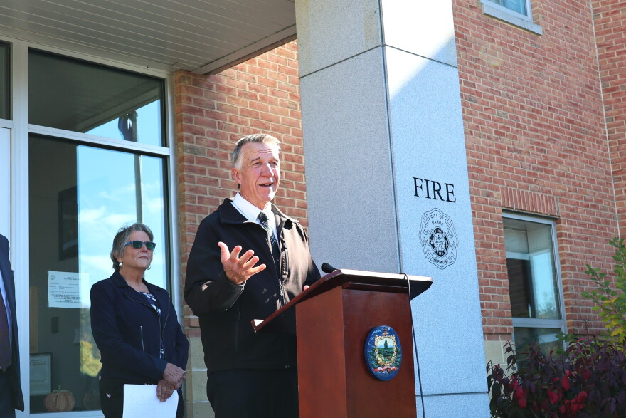 Gov. Phil Scott speaks at a press conference announcing flood recovery funding for his hometown of Barre City on Oct. 15, 2026.
