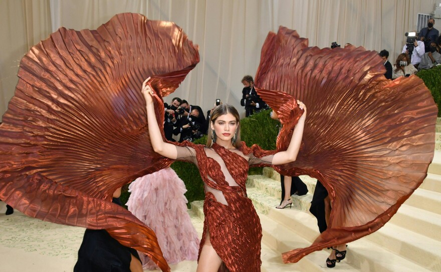 Brazilian model-actress Valentina Sampaio flashes the wings of her dress.