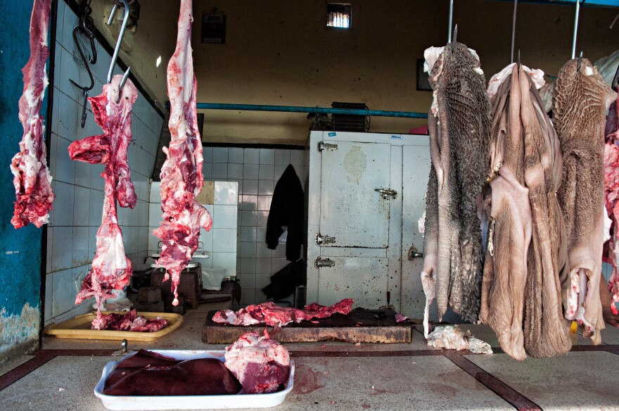 Meat at a butcher's shop in a Moroccan market. Lack of refrigeration contributes to Africa's high rate of foodborne illnesses.