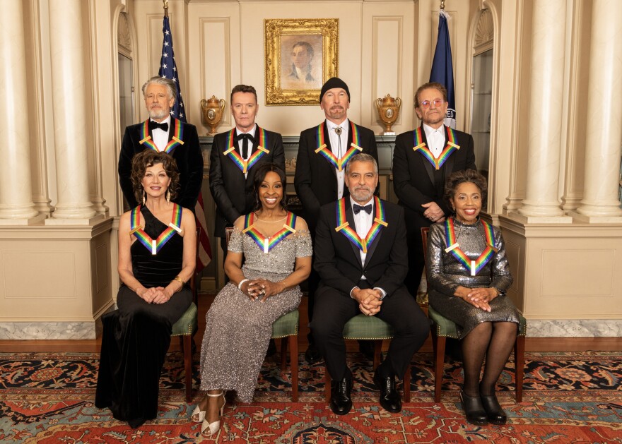 Kennedy Center honorees for 2022 are (front row from left) Amy Grant, Gladys Knight, George Clooney, Tania León, (back row from left) U2 members Adam Clayton, Larry Mullen Jr., The Edge and Bono.