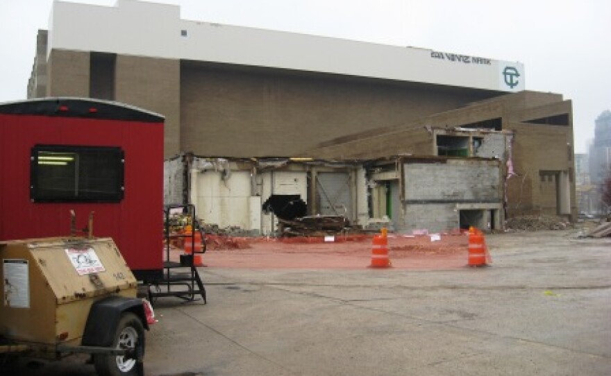 Demolition has begun on the 1970s addition on the west side of Cass Tech.