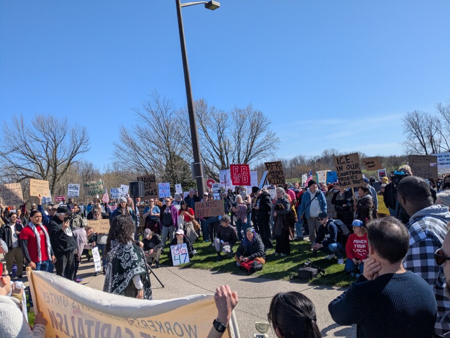 A view of the protest from behind the speaker. An estimated 1,000 gathered outside FBI headquarters the day after Milwaukee County Judge Hannah Dugan was arrested in the county courthouse.