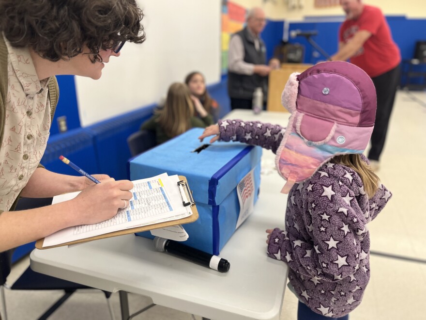Child wtih pink hat and purple coat puts ballot in a box on a table, with a tabulating person with clipboard attending