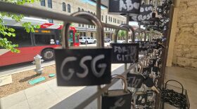 Locks of love for the San Antono Spurs at fan shop at 333 West Commerce, many marked with GSG for Go Spurs Go!