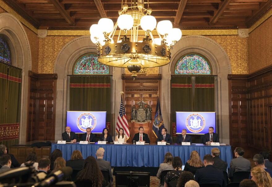 Gov. Andrew Cuomo holds a briefing on the state's preparations for the coronavirus at the State Capitol on Wednesday.