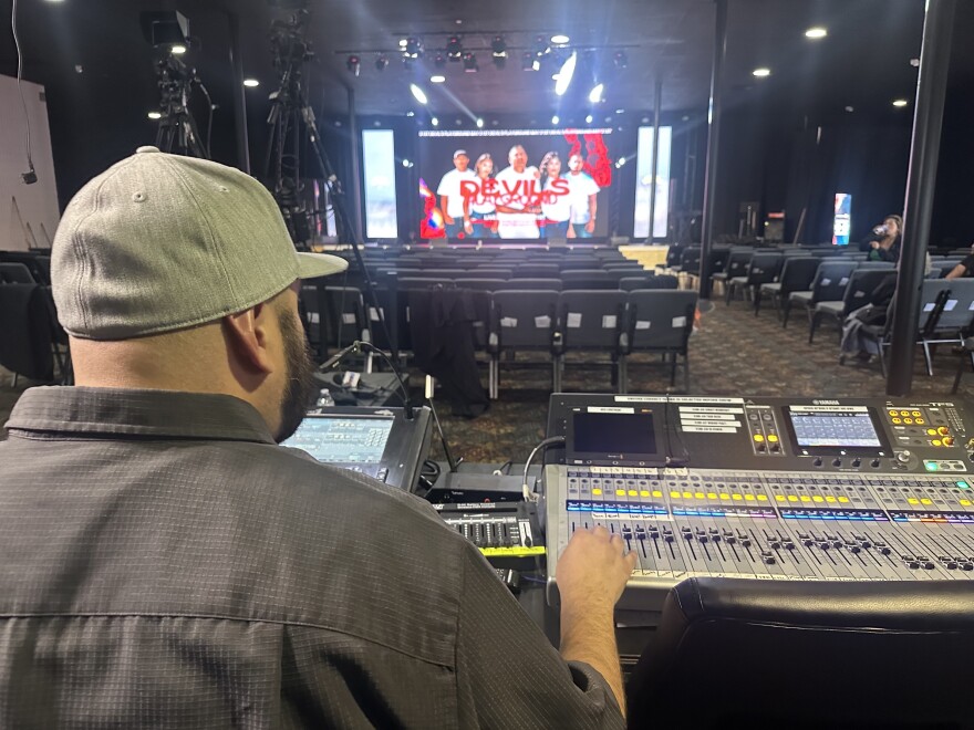 A technician gets ready for a live theater production in Ventura intended to give people a new looks at the destruction fentanyl use can cause to families.