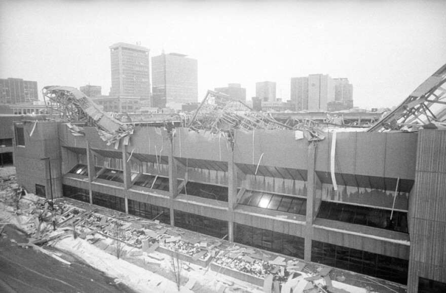 The roof of the Hartford Civic Center's sports arena, seen here on Jan. 19, 1978, collapsed, apparently because of the weight of rain and snow from a winter storm that fell on the city. The roof was the size of two football fields. 