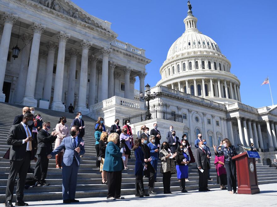 Speaker of the House Nancy Pelosi, Democrat of California, speaks at an event on the steps of the US Capitol for the "For The People Act of 2021" in Washington, DC, on March3, 2021. - Th act is hailed the most significant voting rights and democracy reform in more than half a century. (Photo by Eric BARADAT / AFP) (Photo by ERIC BARADAT/AFP via Getty Images)