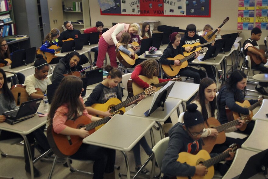 Zielke teaches eighth-graders to play the 12-bar blues in general music class.