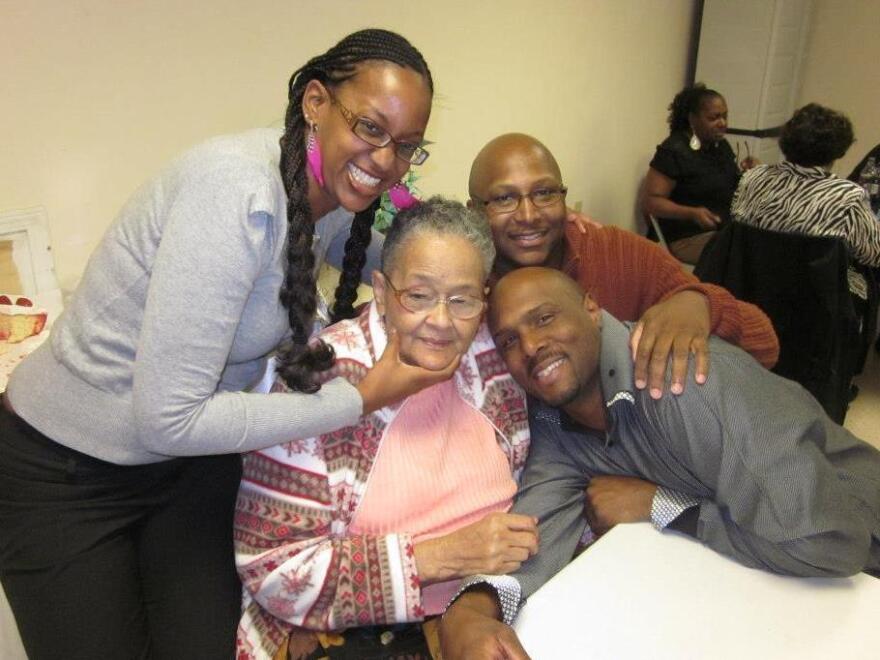 Ruby Hamilton is surrounded by her granddaughter Liz McLemore (left) and grandsons David Oliver (second from right) and Timothy Oliver. Family members always coordinated a party or luncheon when they visited Hamilton. "We wanted to give her flowers while she was alive," McLemore says.