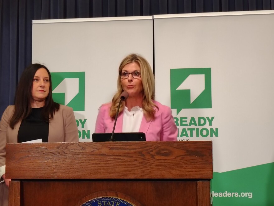 Kayla Edwards is the managing partner of Express Employment Professionals of Springfield, Bloomington, Jacksonville speaking about access to child care facilities and its affects on the work force at a news conference in Springfield at the capitol on March 31, 2026.