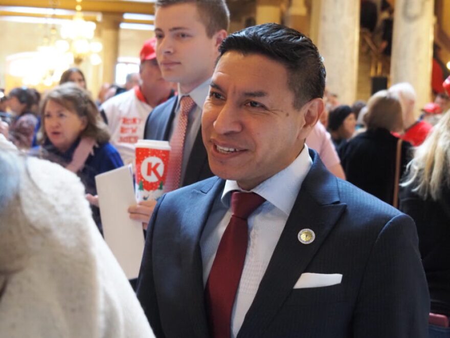 Secretary of State Diego Morales at a pro-redistricting rally at the Indiana Statehouse on Dec. 5, 2025.