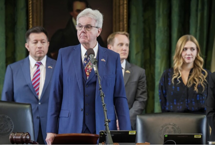 Lt. Gov. Dan Patrick presides during the sixth day of the impeachment trial of Attorney General Ken Paxton in the Senate chamber at the Texas State Capitol in Austin on Tuesday, September 12, 2023. Paxton pleaded not guilty last week to numerous articles of impeachment.