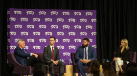 From left to right: Dr. Stuart D. Flynn, Cameron Combs, Dr. David Nelson and Mayor Mattie Parker sit on a panel at the launch event of the North Texas Maternal Health Accelerator on Nov. 17, 2025.