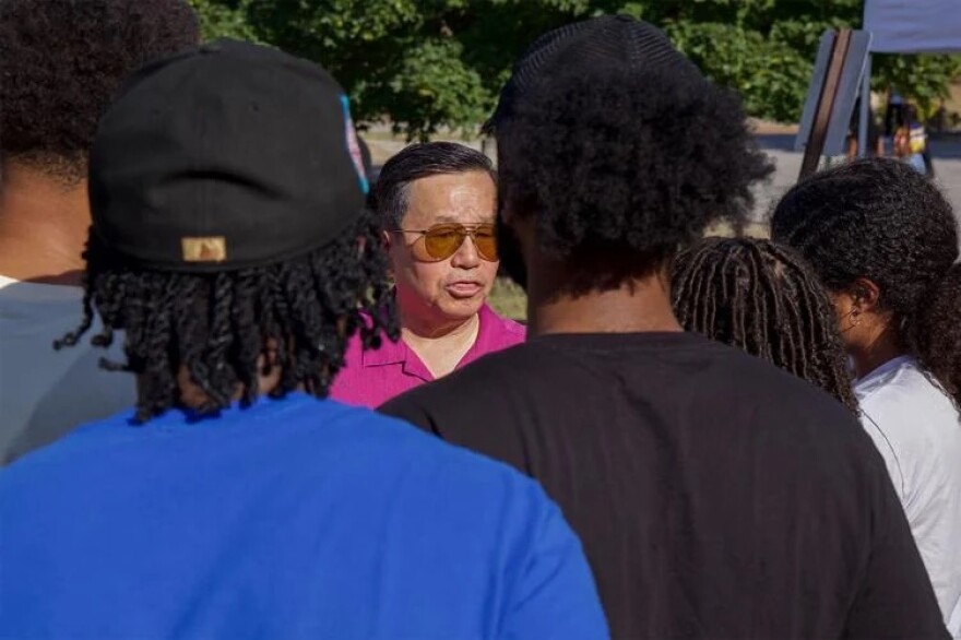 Attendees at the annual Welcome Black & Gold BBQ speak to UM System President Mun Choi on Friday, Aug. 29, 2024, at Mizzou’s Gaines/Oldham Black Culture Center. Students spoke to Choi about the university’s decision to cancel the Legion of Black Collegians’ Black 2 Class Block Party over the word “Black” in the name. Former professors have attributed Choi's actions on DEI to political winds in the Missouri statehouse.