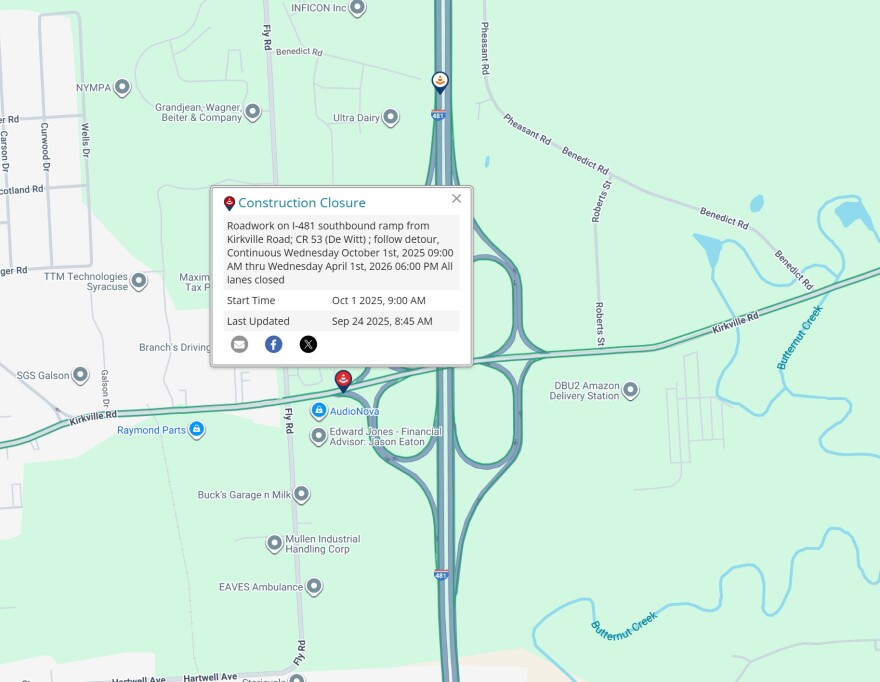 A screenshot of the New York State D.O.T. map of I-481 at Kirkville Rd.