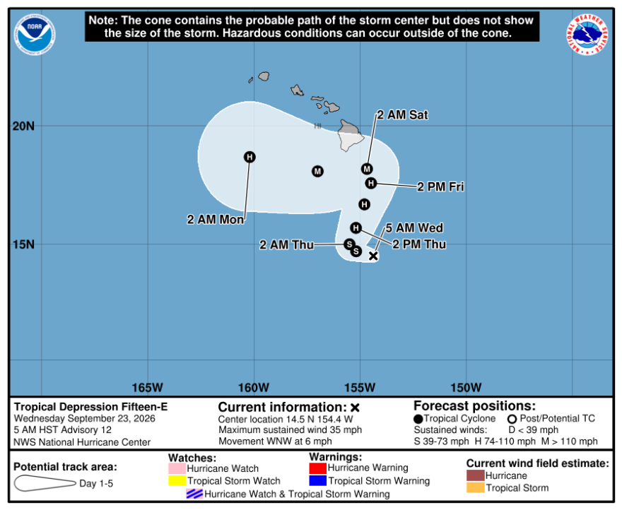 The five-day forecast for Tropical Depression 15-E as of Wednesday, Sept. 23, 2026 shows the storm system heading north towards the Hawaiian Islands.