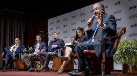 Bernalillo County DA and Democratic candidate for governor Sam Bregman takes part in a town hall at the Albuquerque Journal on May 19, 2026.