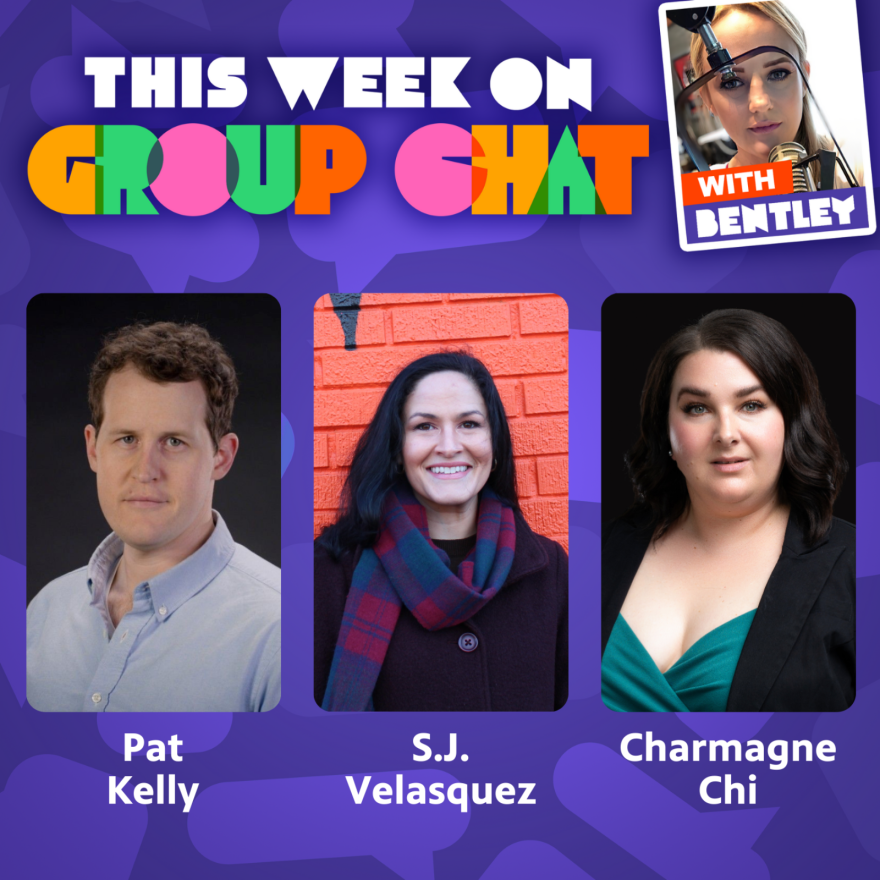 GROUP CHAT logo with Bentley's headshot, along with a headshot of each guest for this episode