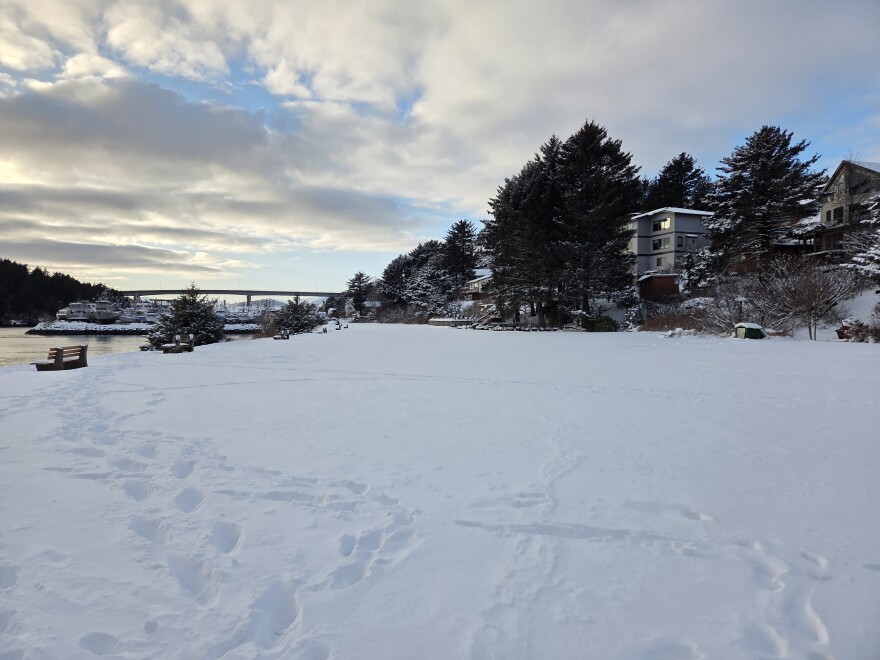 A public park and sitting area where dogs and kids typically play in the city of Kodiak. By Monday, Dec. 8, it was covered with about a foot of snow.