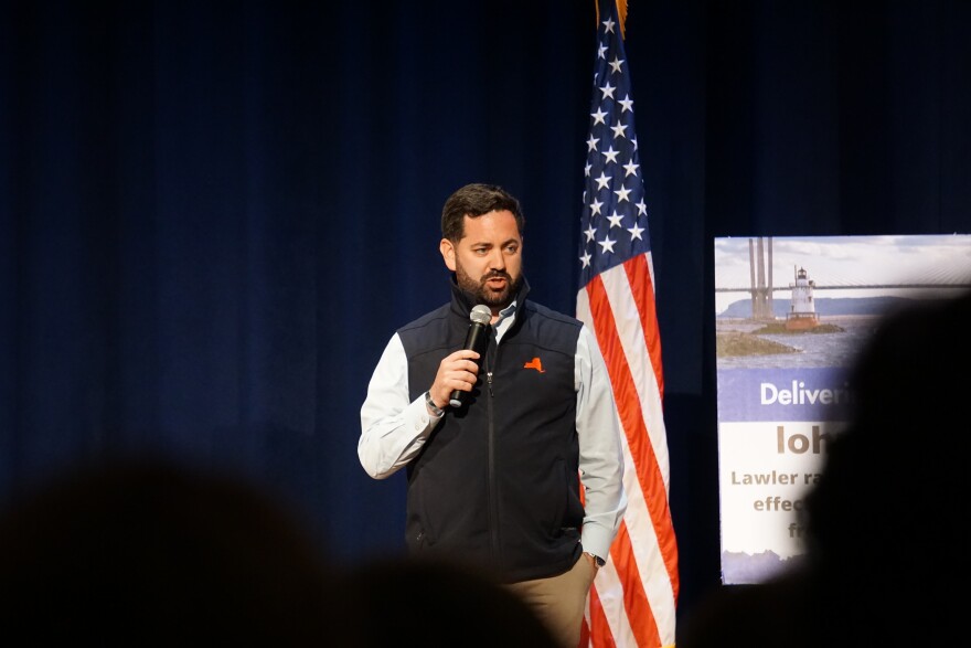 New York Congressman Mike Lawler speaking at a town hall at Mahopac High School. 