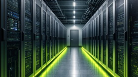 A room full of servers. The camera is positioned directly in front of a hallway, servers are stacked on each side. They are lit from below with green light. 