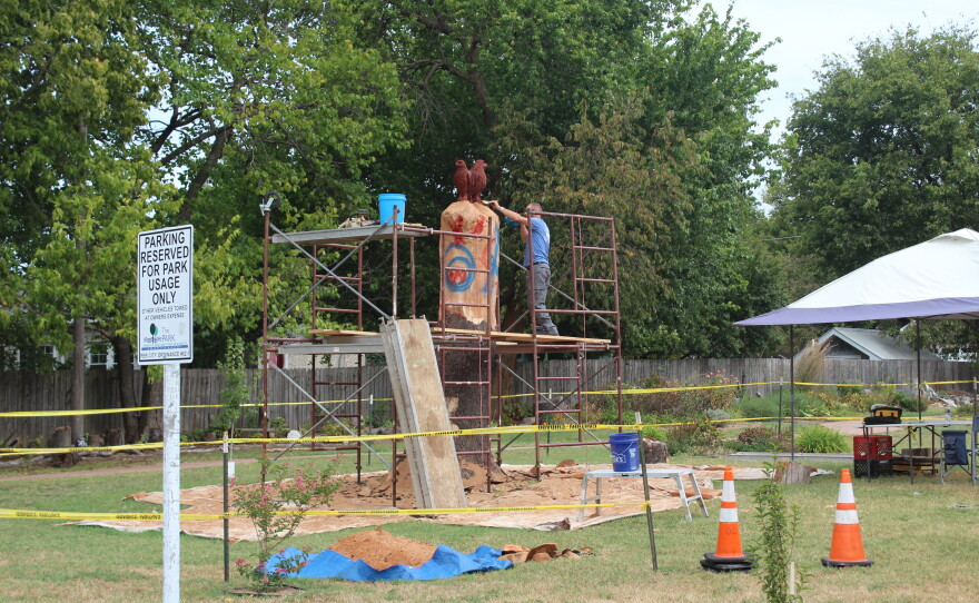 Louis Medlock works on his sculpture at Phelps Grove Park in Springfield, Mo. on September 30, 2026.