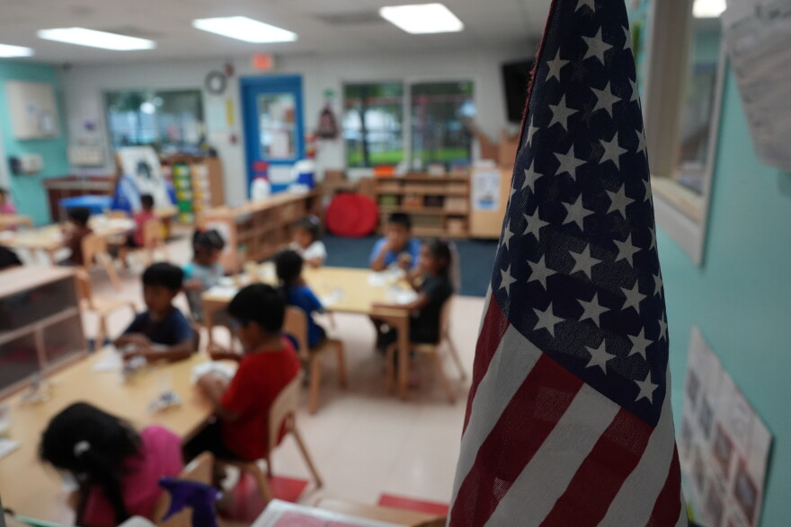 An American flag stands in a classroom at a Head Start preschool in Immokalee, Fla., Thursday, Sept. 10, 2026. 
