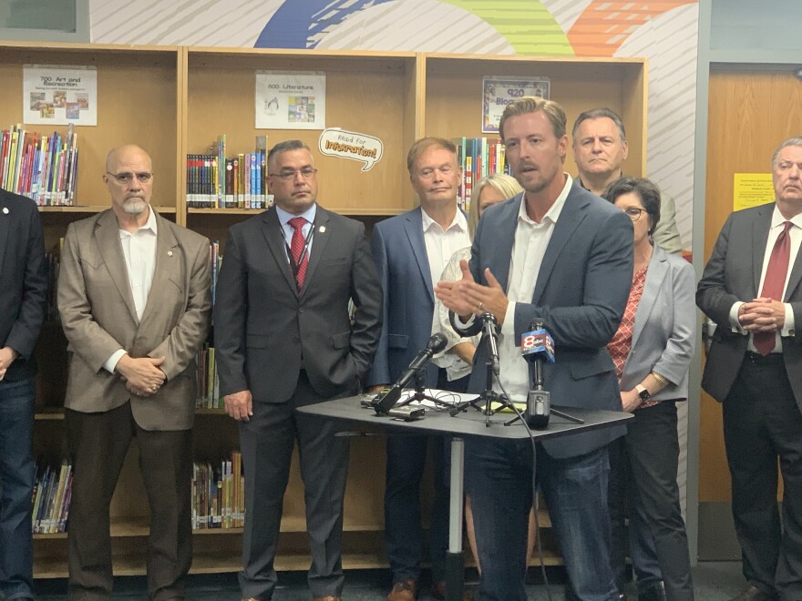 Walters speaks at a news conference at Lewis & Clark Elementary School on Thursday, Sept. 5, 2024, in Tulsa.