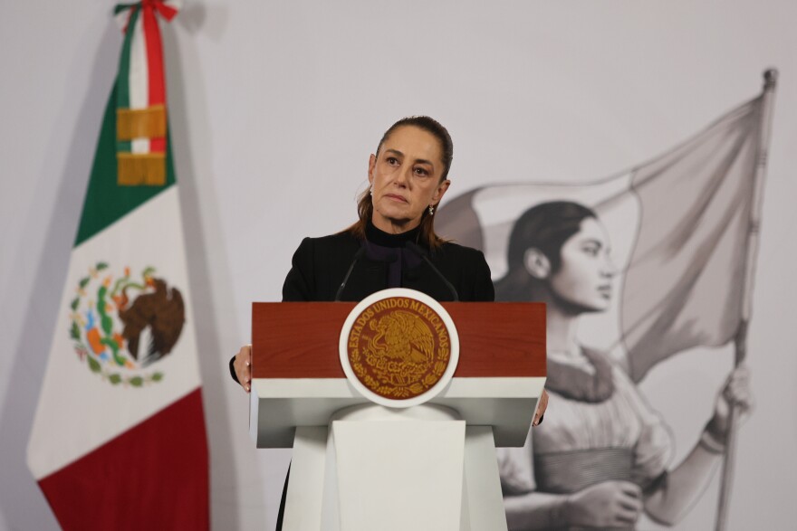 Mexican President Claudia Sheinbaum gives her the daily, morning news conference at the National Palace in Mexico City, Monday, Feb. 23, 2026, the day after the Mexican army killed Jalisco New Generation Cartel leader Nemesio Oseguera Cervantes, known as "El Mencho."