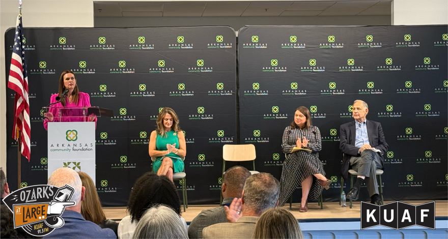 Governor Sarah Huckabee Sanders speaks during the a press conference at the Springdale Senior Center on Sept. 25, 2026. She joined (from left) Arkansas Community Foundation CEO Jessica Ford, Walmart Foundation President Julie Gehrki and U.S. Senator John Boozman for the launch of a grant program aimed at addressing food insecurity.