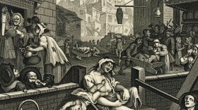 A depiction of "Gin Lane," filled with sins caused by drunken revelries.