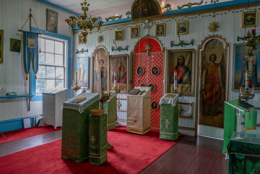 The walls of the Church of the Holy Ascension are decorated with traditional Orthodox icons.