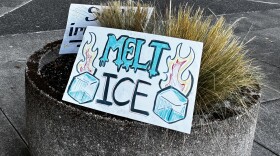 A file photo of a sign from an anti-ICE protest at the Eugene Federal Building on Sept. 23, 2025.