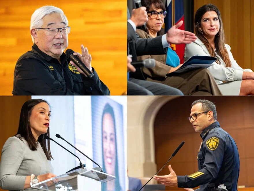 From left, Bexar County Judge Peter Sakai speaks during a County Budget Town Hall, Councilmember Marina Aldrete Gavito (D7) speaks at the Metro SA Chamber’s City Vision event, Mayor Gina Ortiz Jones speaks at the Metro Chamber event and SAPD Chief Jesse Salame speaks during city budget discussions.