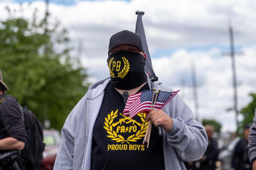 A member of the Proud Boys demonstrates outside of Delaney Hall Immigration Detention Center on May 30, 2026 in Newark, New Jersey. (David Dee Delgado/Getty Images)