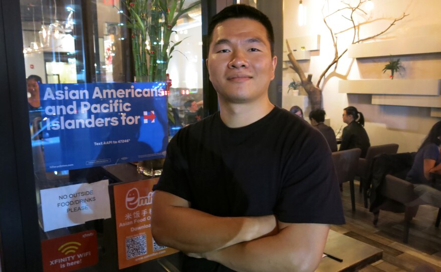 Xu Lin co-owns Bubblefish, a restaurant in Philadelphia's Chinatown neighborhood. His support for Hillary Clinton is based more on his dislike of Donald Trump, whom he labels as a "racist, xenophobic, homophobic, sexist" person.