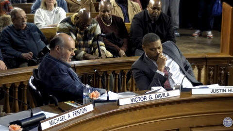 Frome left, City Councilor Victor Davila and City Councilor Justin Hurst, speak during a Springfield City Council meeting held on March 2, 2026.