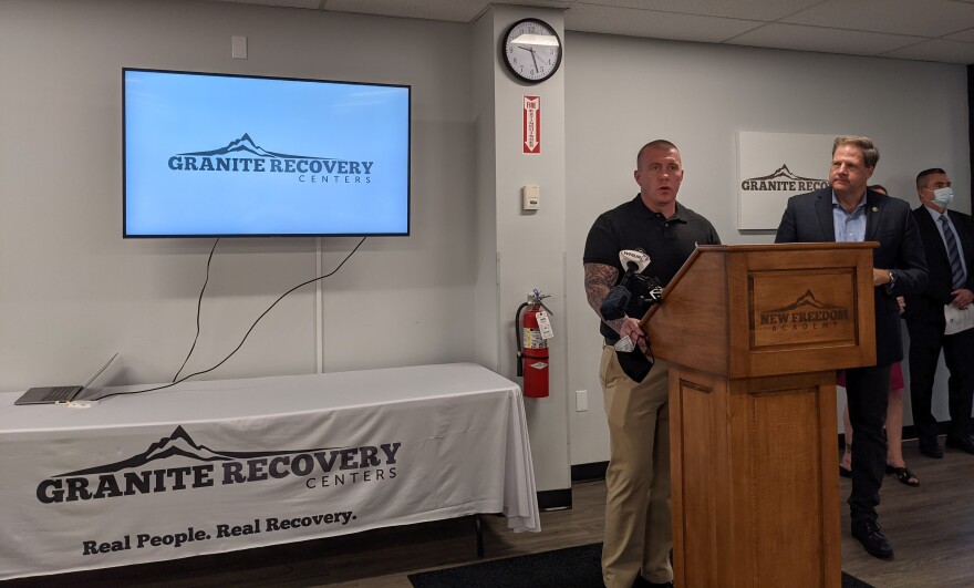 Gov. Chris Sununu appeared next to Eric Spofford at Granite Recovery Centers' headquarters on July 22, 2021.