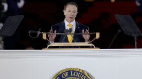Louisiana Republican Gov. Jeff Landry speaks during his inauguration ceremony at the State Capitol building in Baton Rouge, La., Sunday, Jan. 7, 2024. The ceremony was moved because of forecasted rain on Monday, Jan. 8, the actual date Landry officially becomes governor.