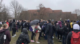 Ball State students gather in front of the Whitinger Business Building, the site of the class incident that has gone viral.