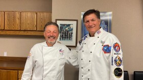 Chefs Joe Alfano (right) and Bill Farina (left) stand in the crew quarters kitchen at Kennedy Space Center. They cook every meal for the astronauts before a launch.