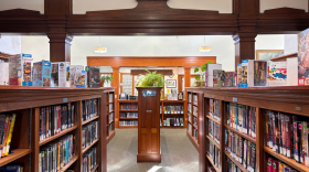 Bookshelves at the Bridgton Public Library in Sept. 2025.