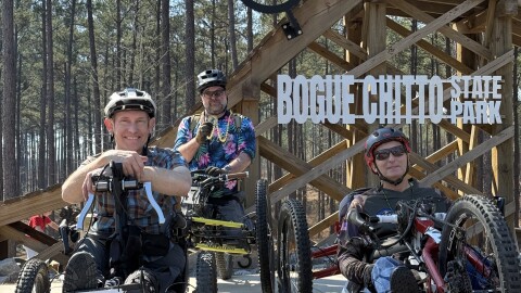 Louisiana military veterans ride the Bogue Chitto Mountain Bike Trail.