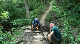 Cincinnati Off-Road Alliance volunteers do maintenence work on a mountain bike trail at Devou Park in Kentucky. CORA is constructing the Mt. Airy Bike Trail, in Cincinnati's Mt. Airy Forest.