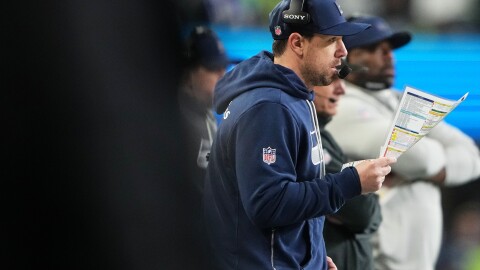 Seattle Seahawks offensive coordinator Klint Kubiak looks on during an NFL football divisional playoff game against the San Francisco 49ers, Saturday, Jan. 17, 2026 in Seattle. (AP Photo/Lindsey Wasson)